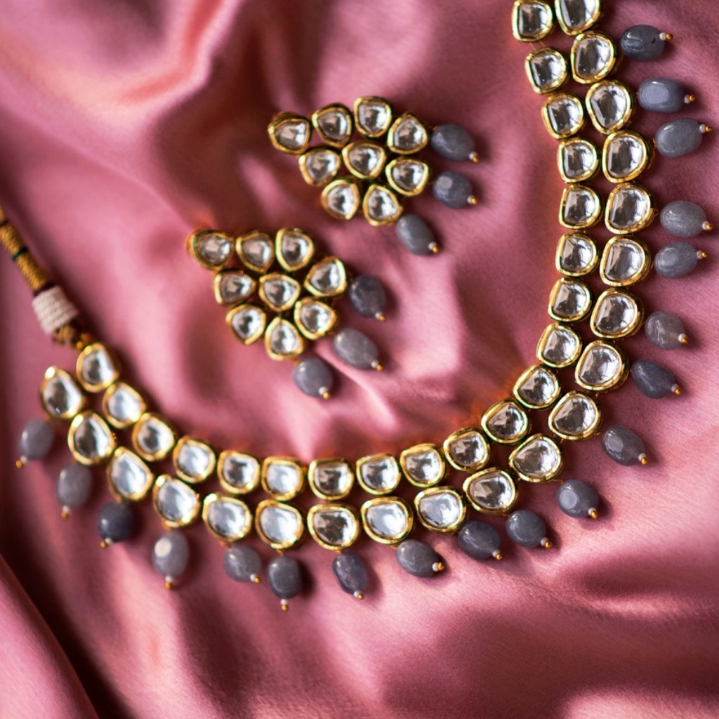 Kundan Necklace with Grey Drops - Timeless Jewels by Shveta 