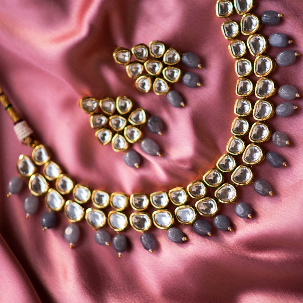 Kundan Necklace with Grey Drops - Timeless Jewels by Shveta
