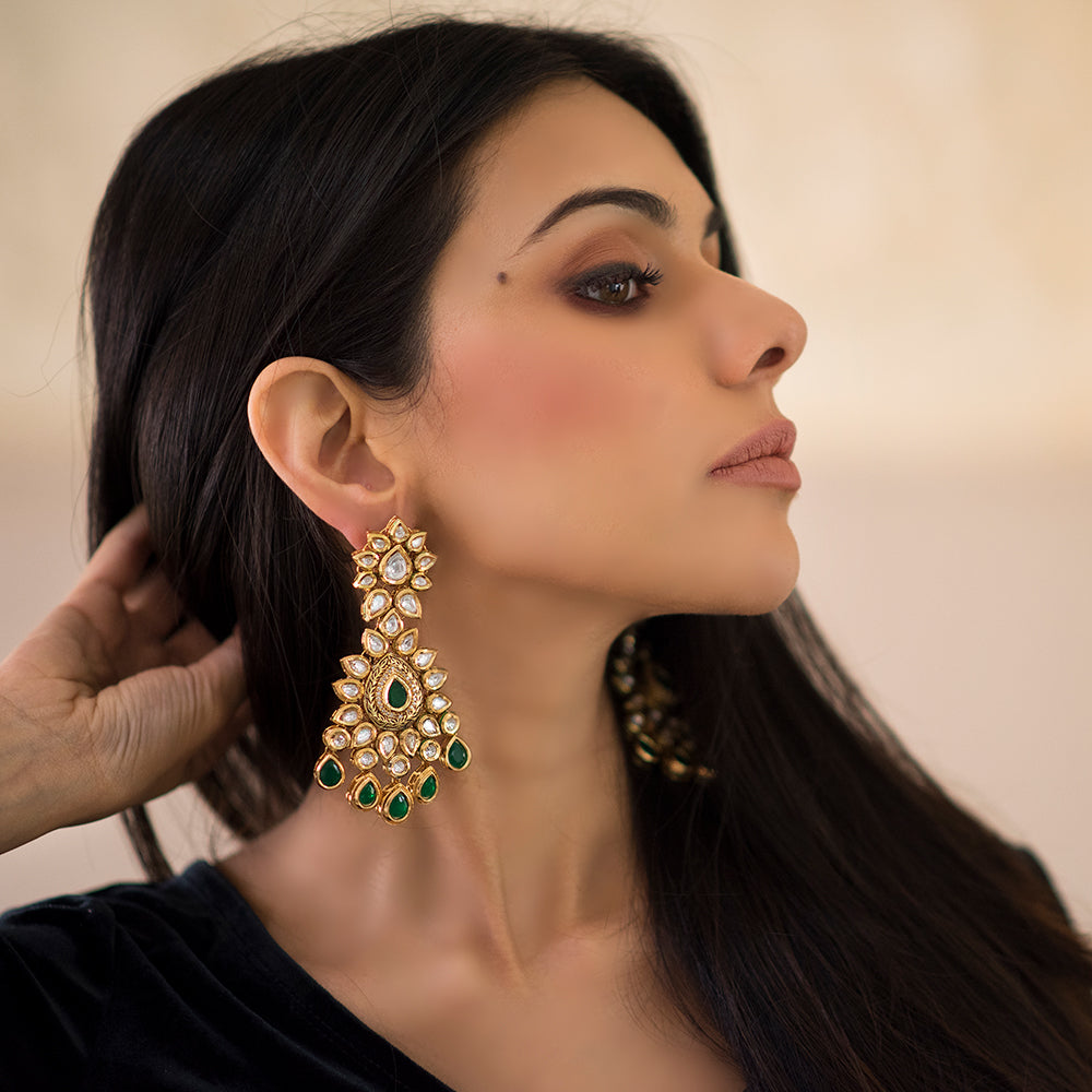 Emerald Green Statement Earrings - Timeless Jewels by Shveta 