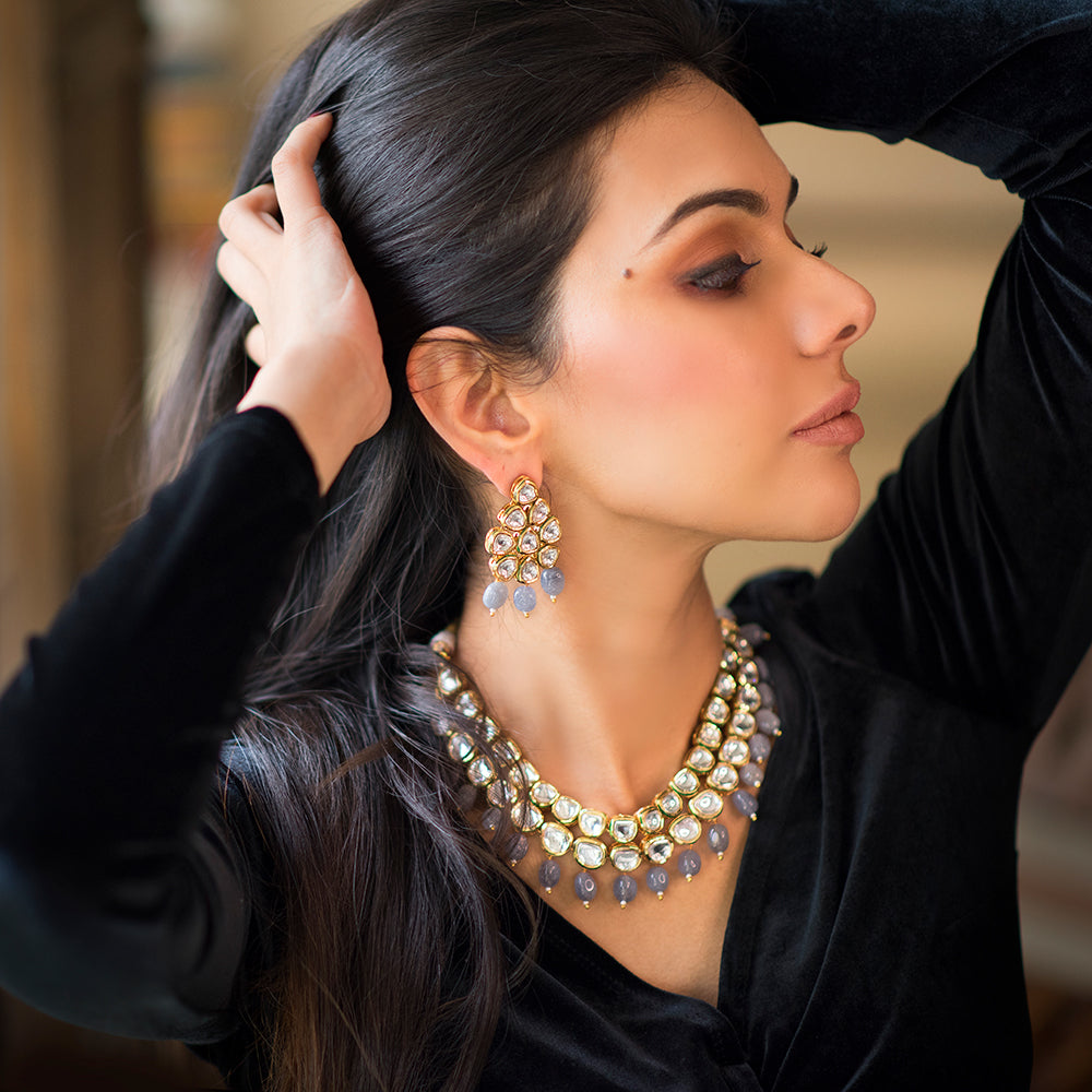 Kundan Necklace with Grey Drops - Timeless Jewels by Shveta 