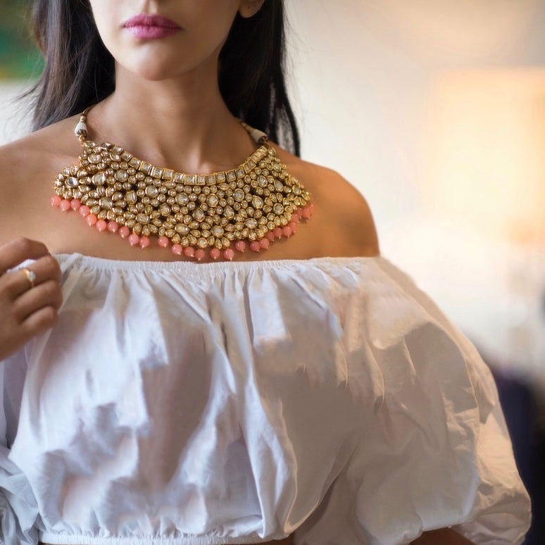 Kundan Statement Piece with Peach Drops - Timeless Jewels by Shveta 