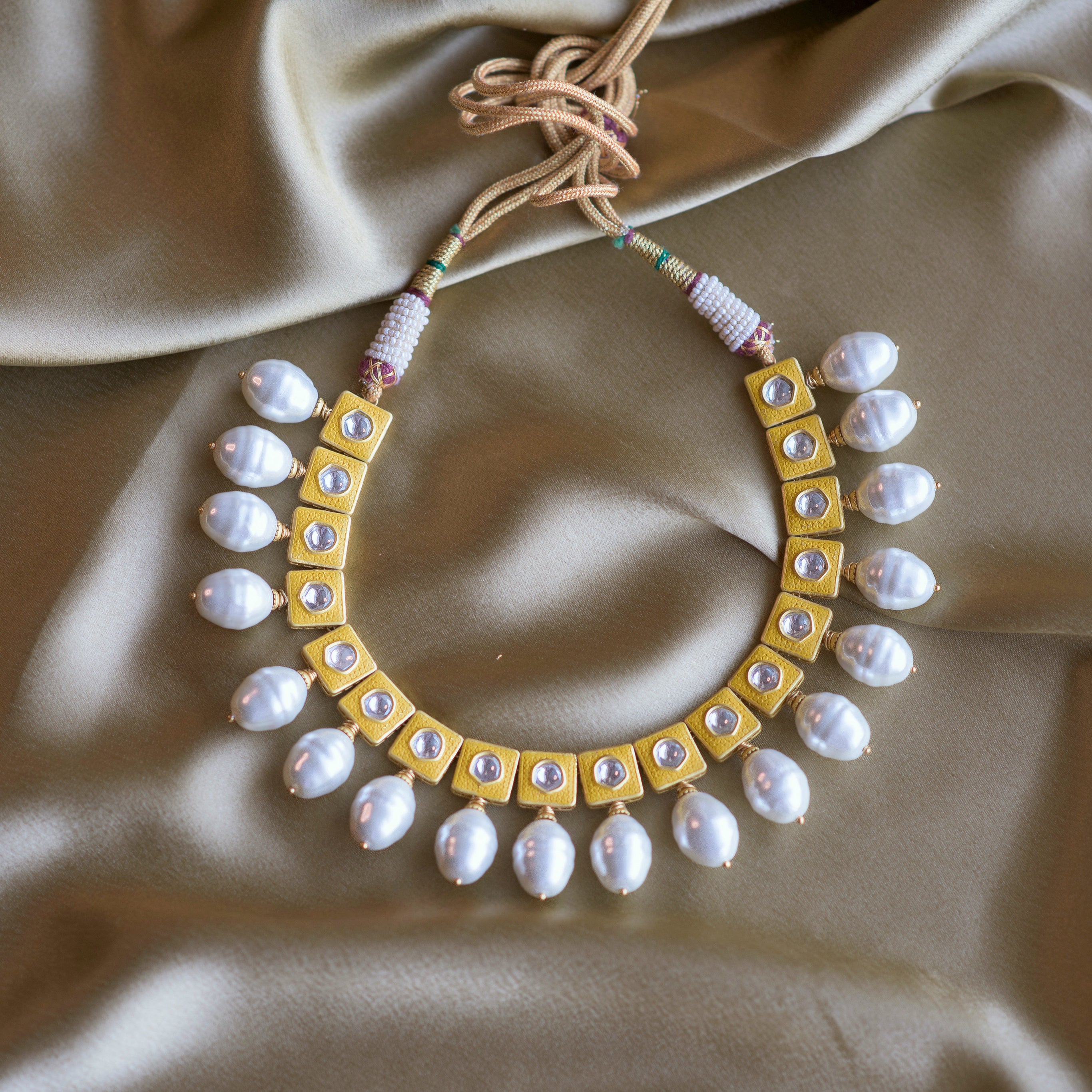 Yellow Lily Necklace with Pearl Drops - Timeless Jewels by Shveta 