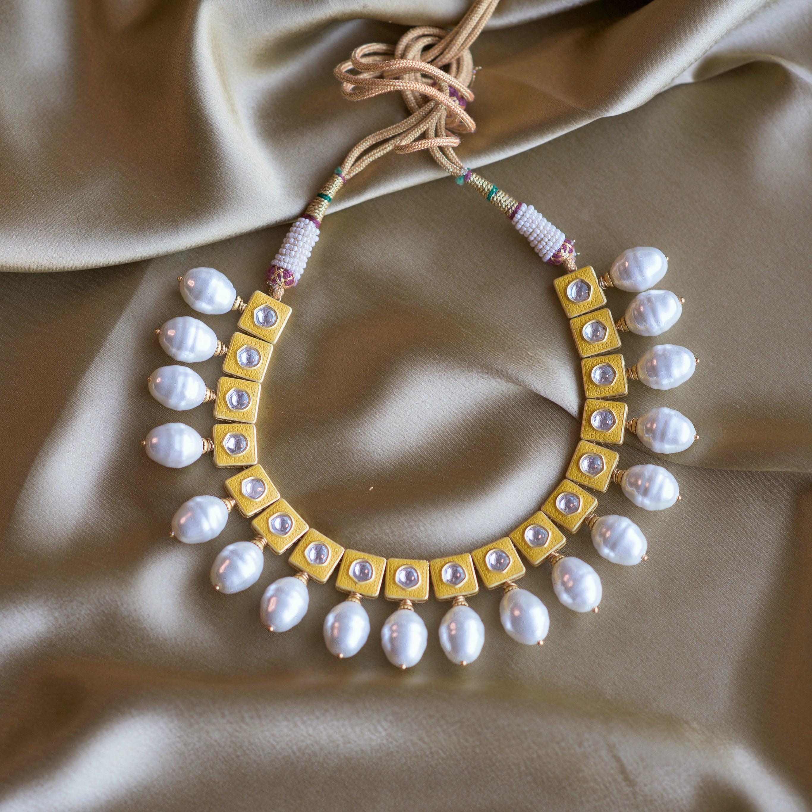 Yellow Lily Necklace with Pearl Drops - Timeless Jewels by Shveta