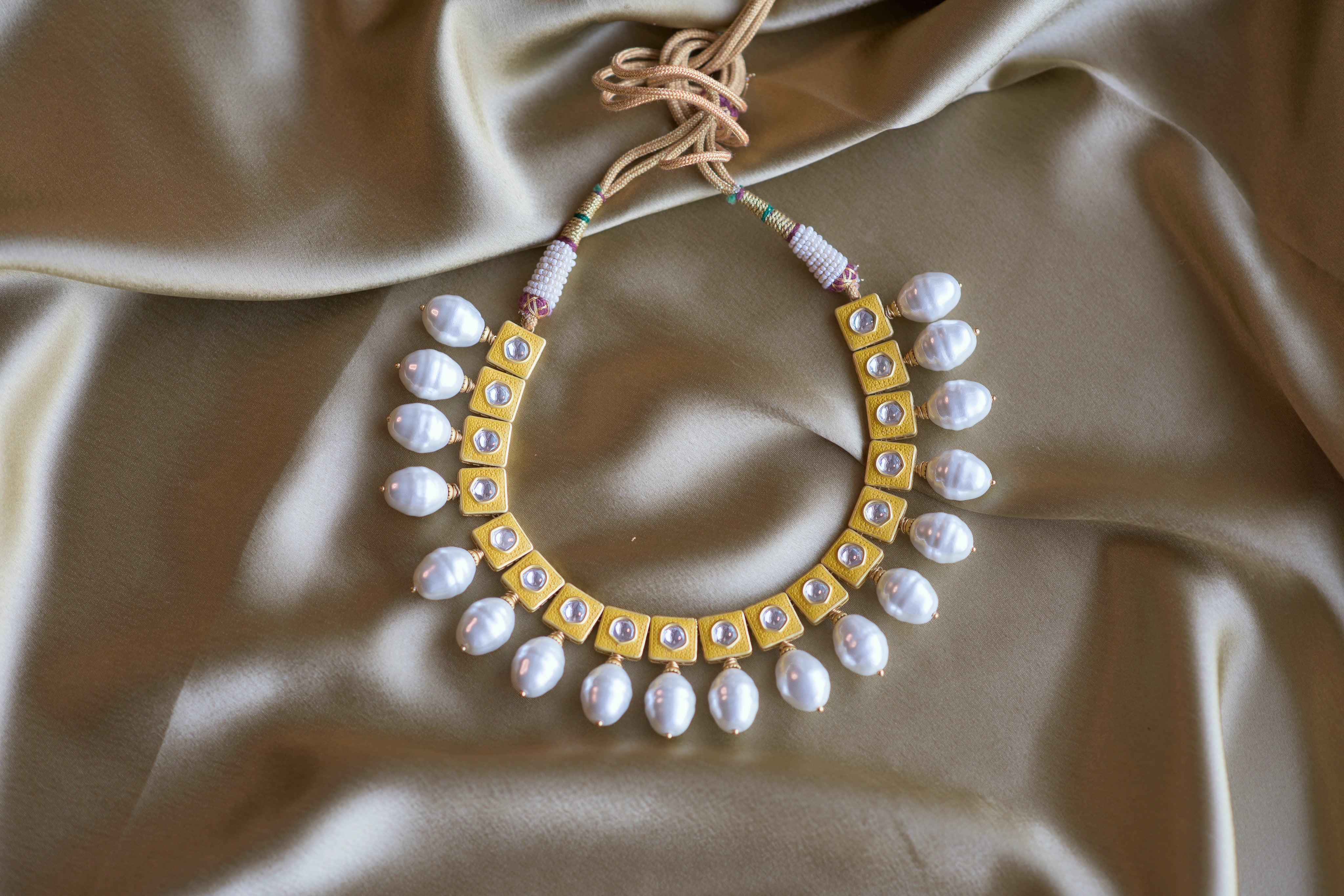 Yellow Lily Necklace with Pearl Drops - Timeless Jewels by Shveta