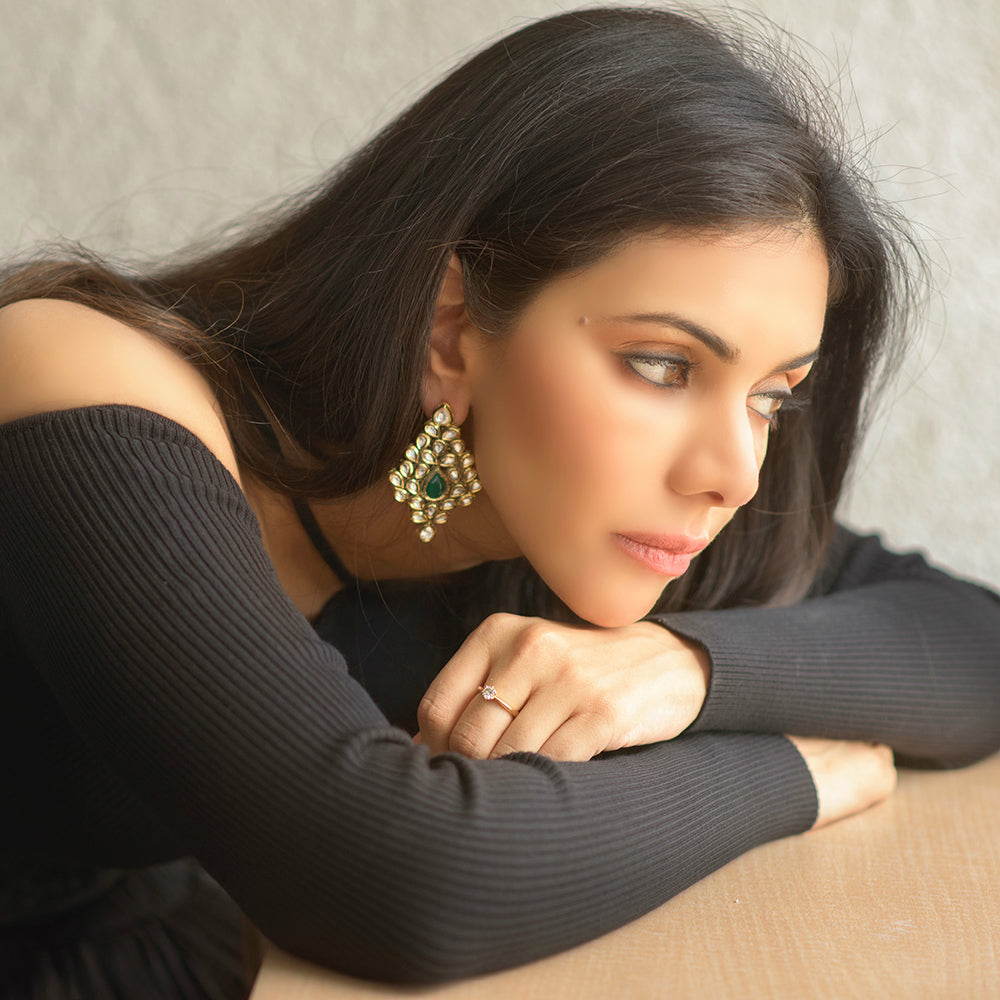 Emerald Green Leaf Drop Earrings - Timeless Jewels by Shveta