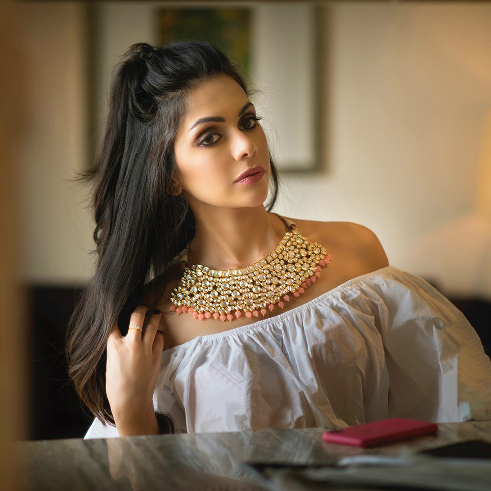 Kundan Statement Piece with Peach Drops - Timeless Jewels by Shveta