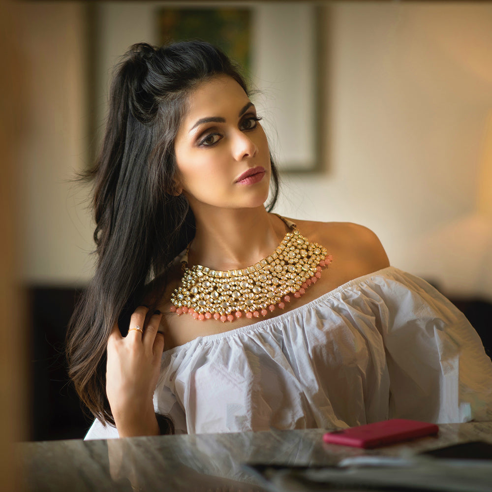 Kundan Statement Piece with Peach Drops - Timeless Jewels by Shveta 