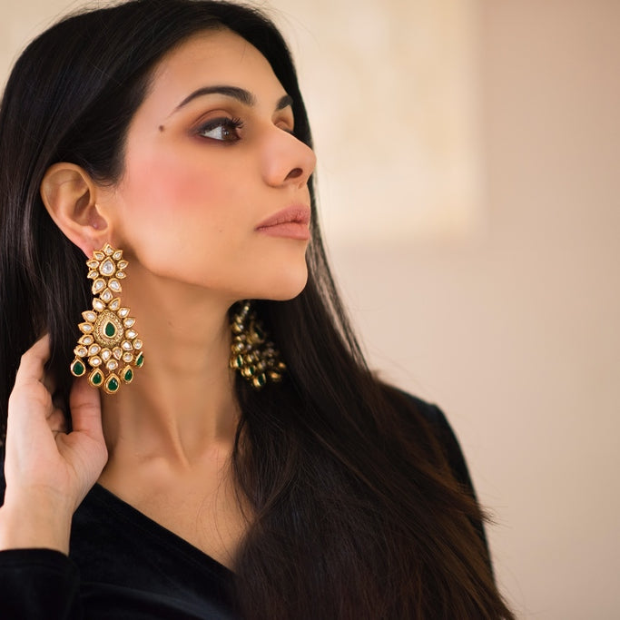 Emerald Green Statement Earrings - Timeless Jewels by Shveta 