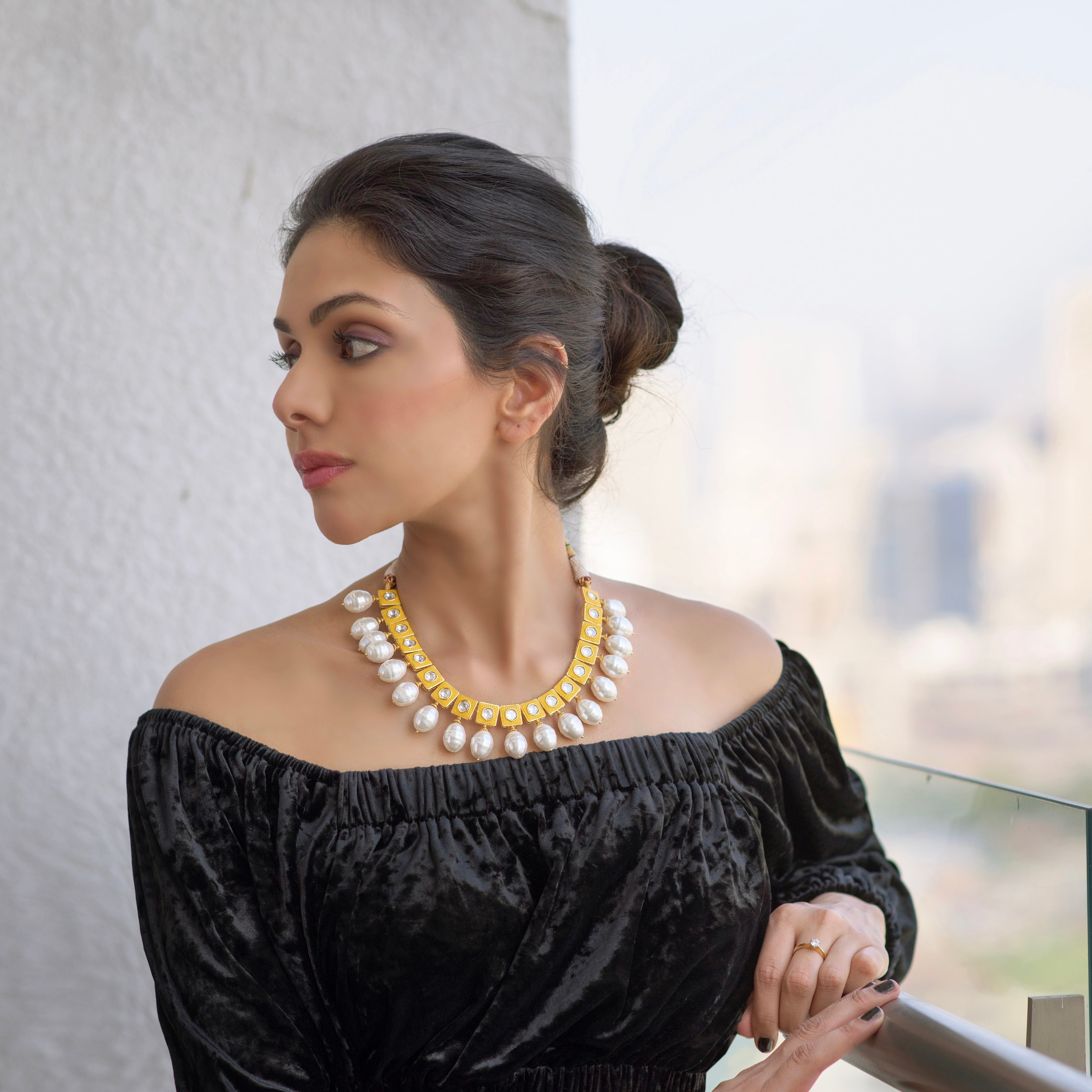 Yellow Lily Necklace with Pearl Drops - Timeless Jewels by Shveta