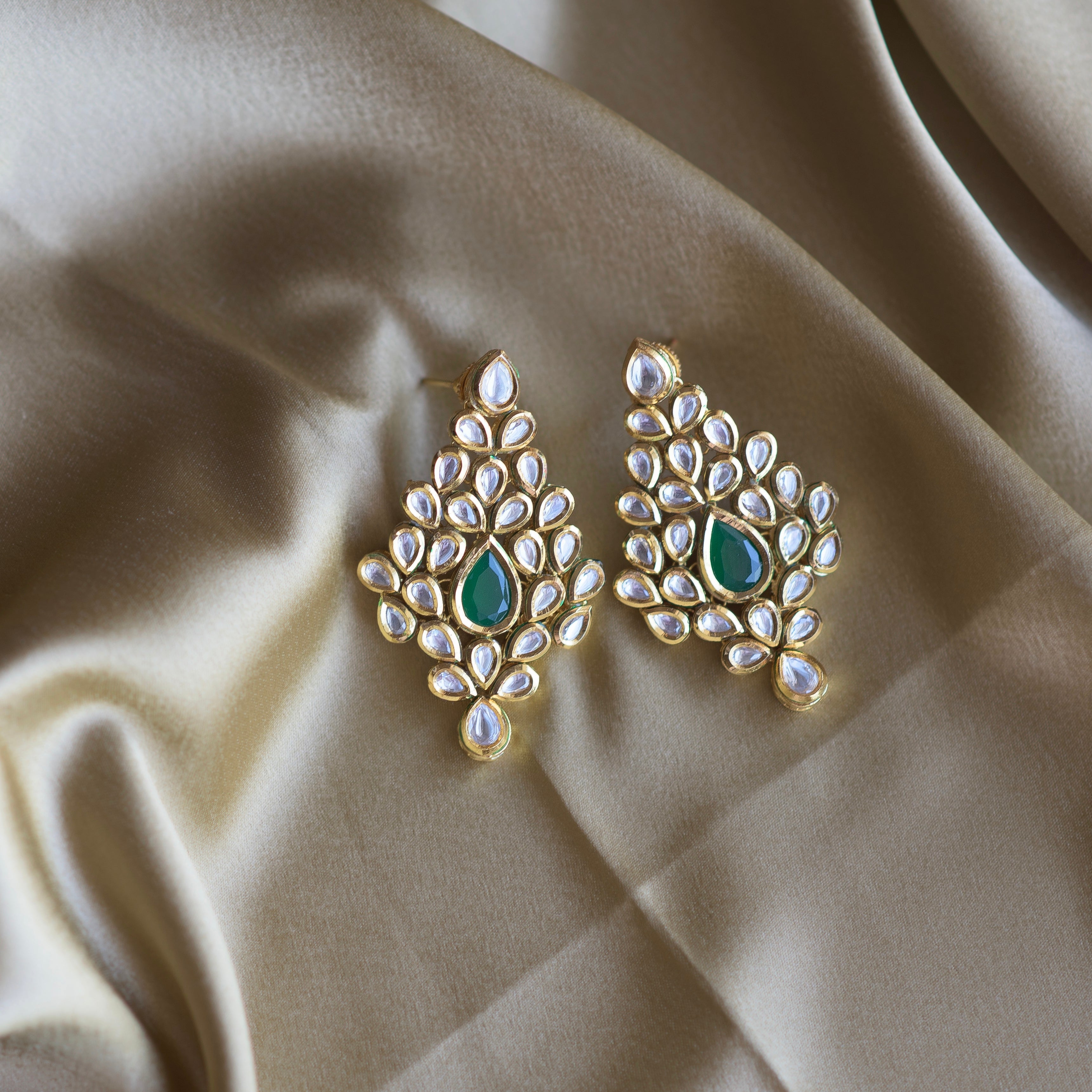 Emerald Green Leaf Drop Earrings - Timeless Jewels by Shveta 