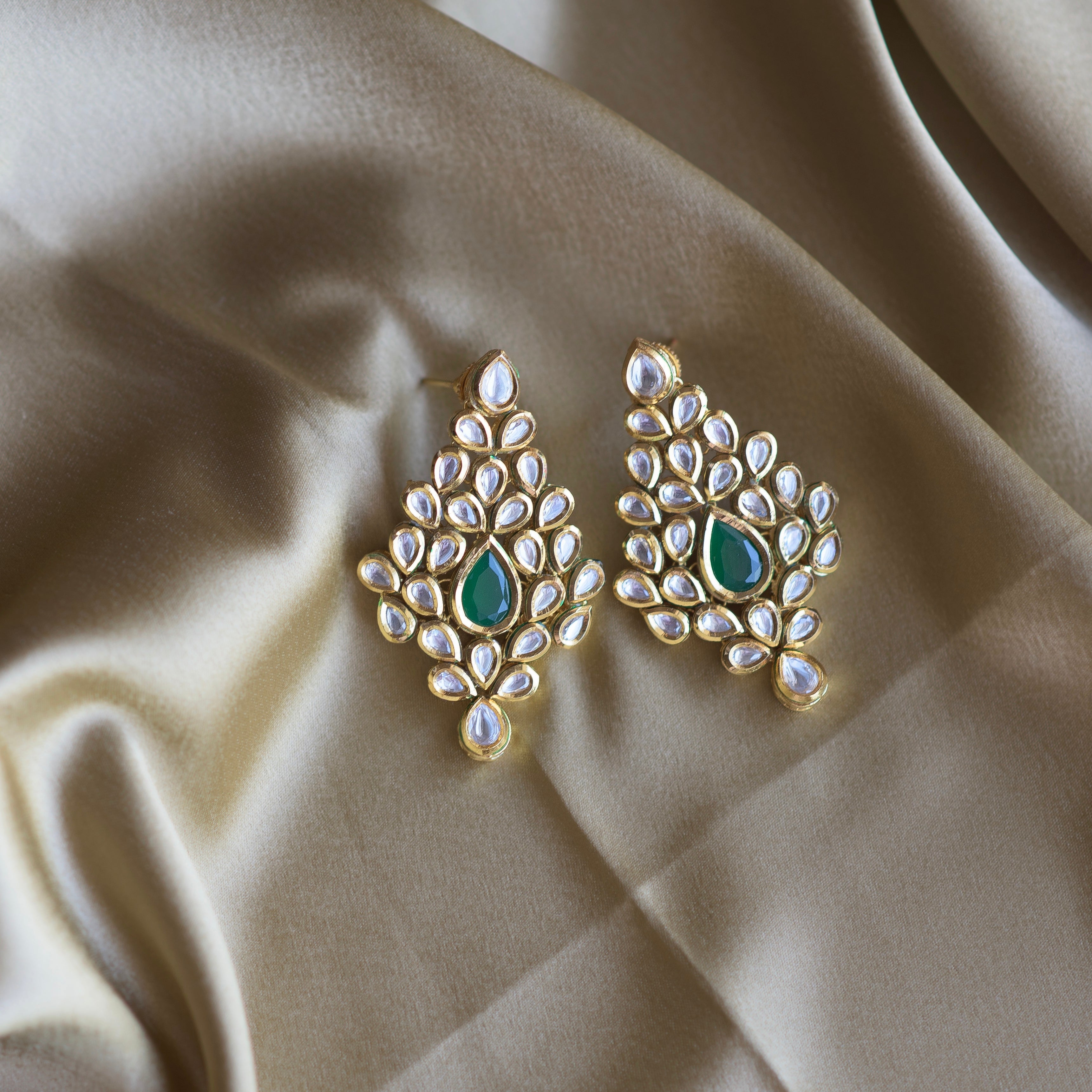Emerald Green Leaf Drop Earrings - Timeless Jewels by Shveta
