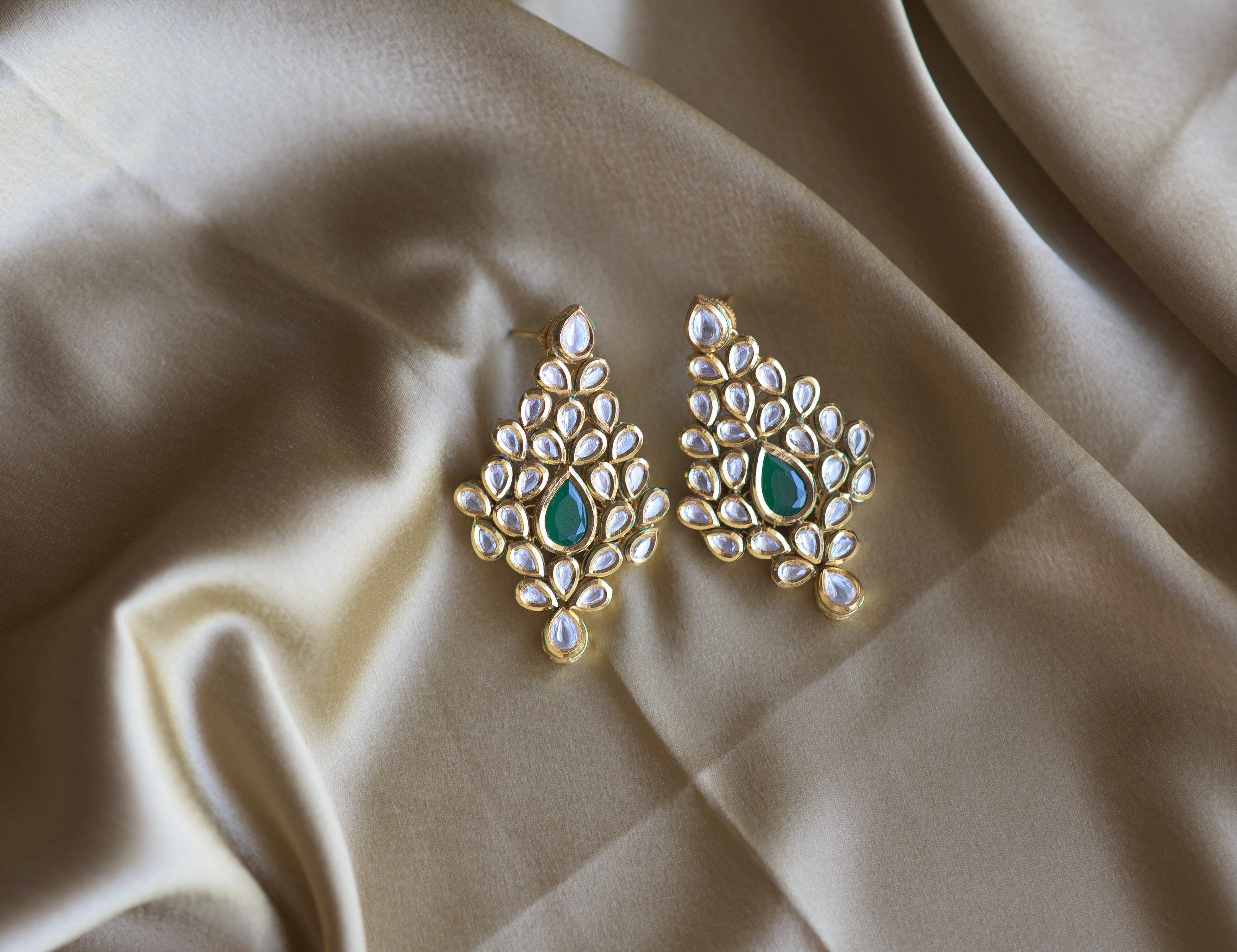 Emerald Green Leaf Drop Earrings - Timeless Jewels by Shveta