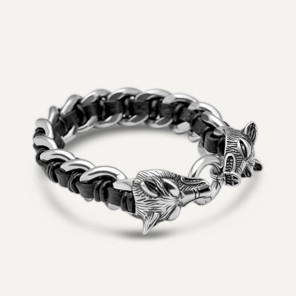 Black Leather Wolf Bracelet