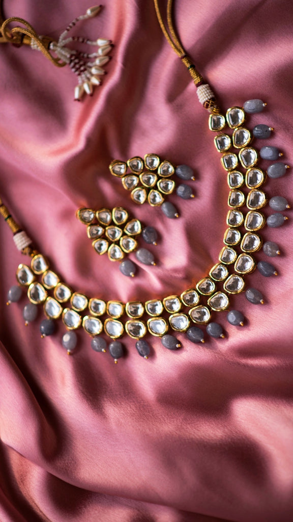 Kundan Necklace with Grey Drops - Timeless Jewels by Shveta 