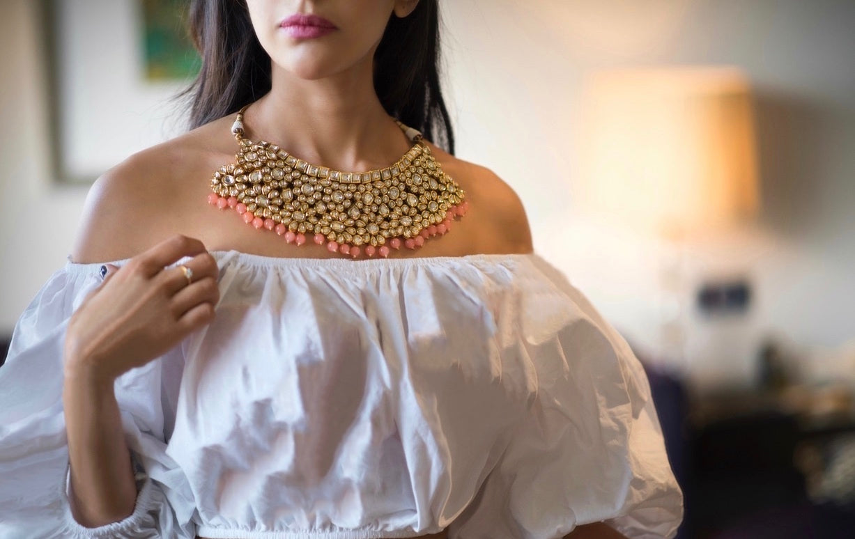Kundan Statement Piece with Peach Drops - Timeless Jewels by Shveta 