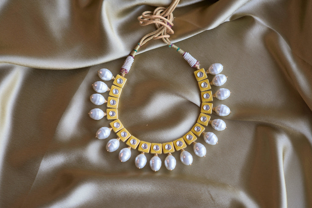 Yellow Lily Necklace with Pearl Drops - Timeless Jewels by Shveta 