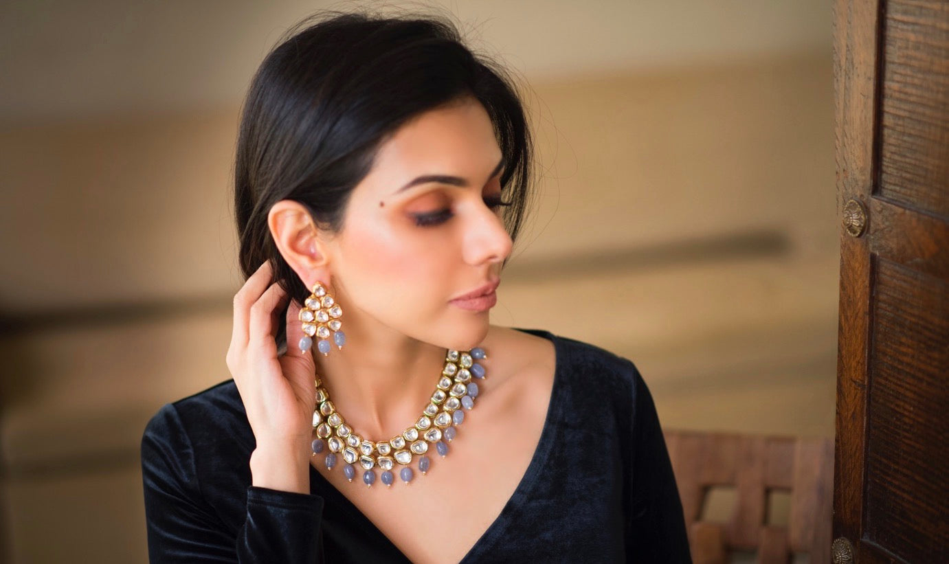 Kundan Necklace with Grey Drops - Timeless Jewels by Shveta 