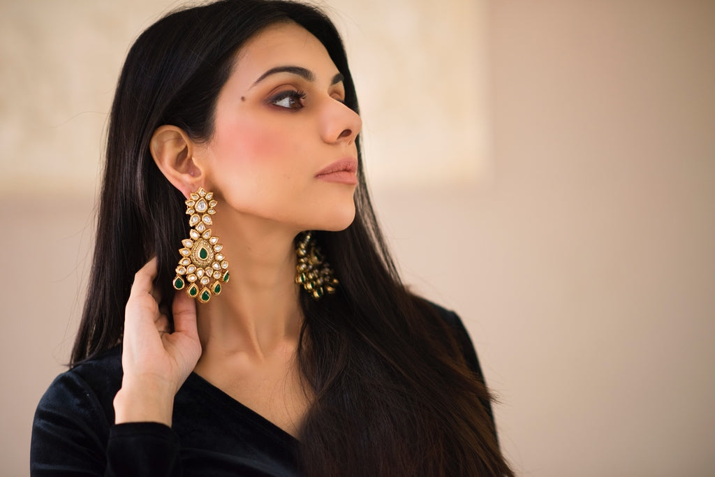 Emerald Green Statement Earrings - Timeless Jewels by Shveta 