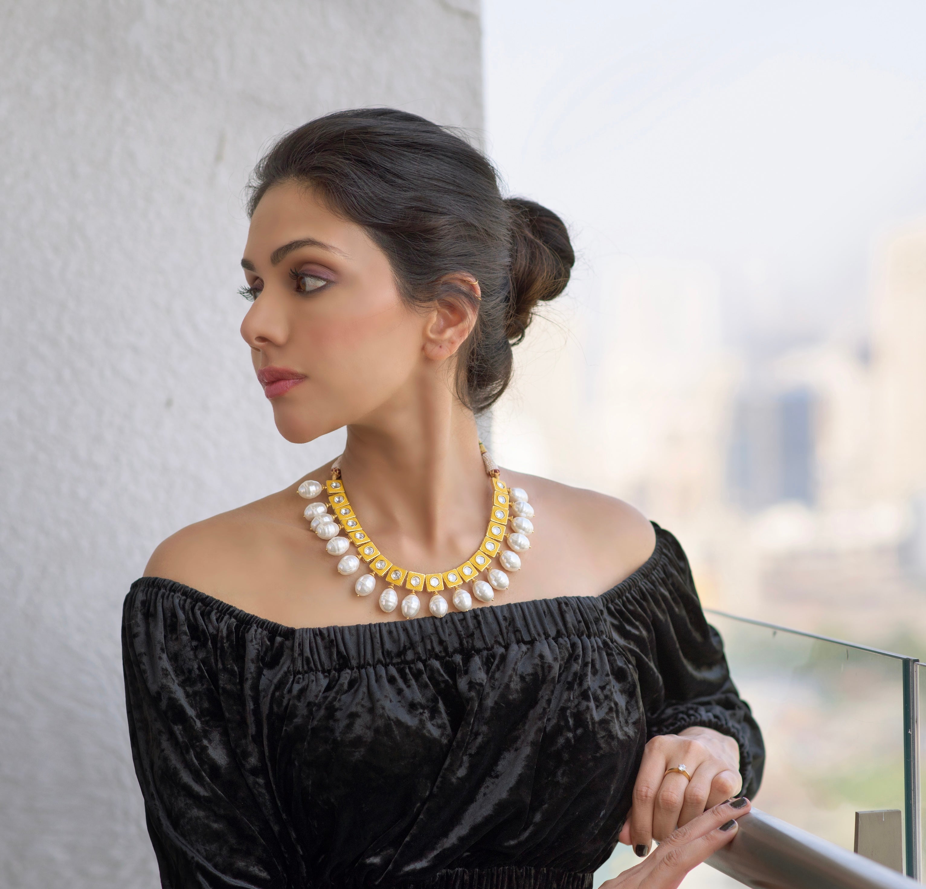 Yellow Lily Necklace with Pearl Drops - Timeless Jewels by Shveta 