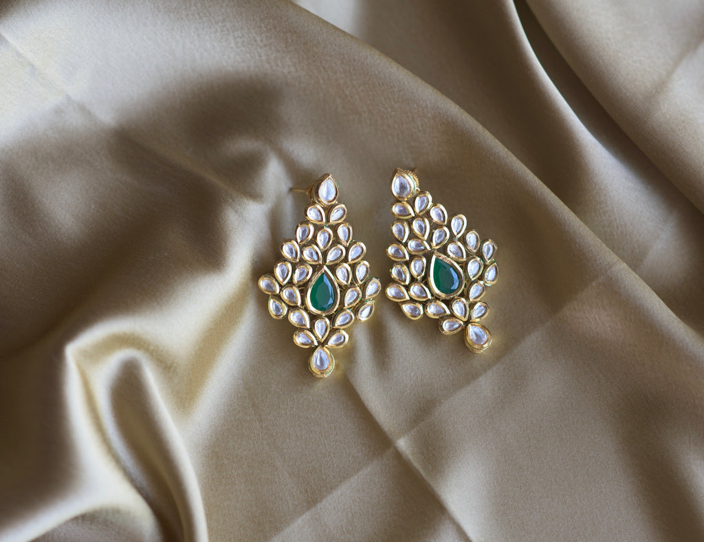 Emerald Green Leaf Drop Earrings - Timeless Jewels by Shveta 